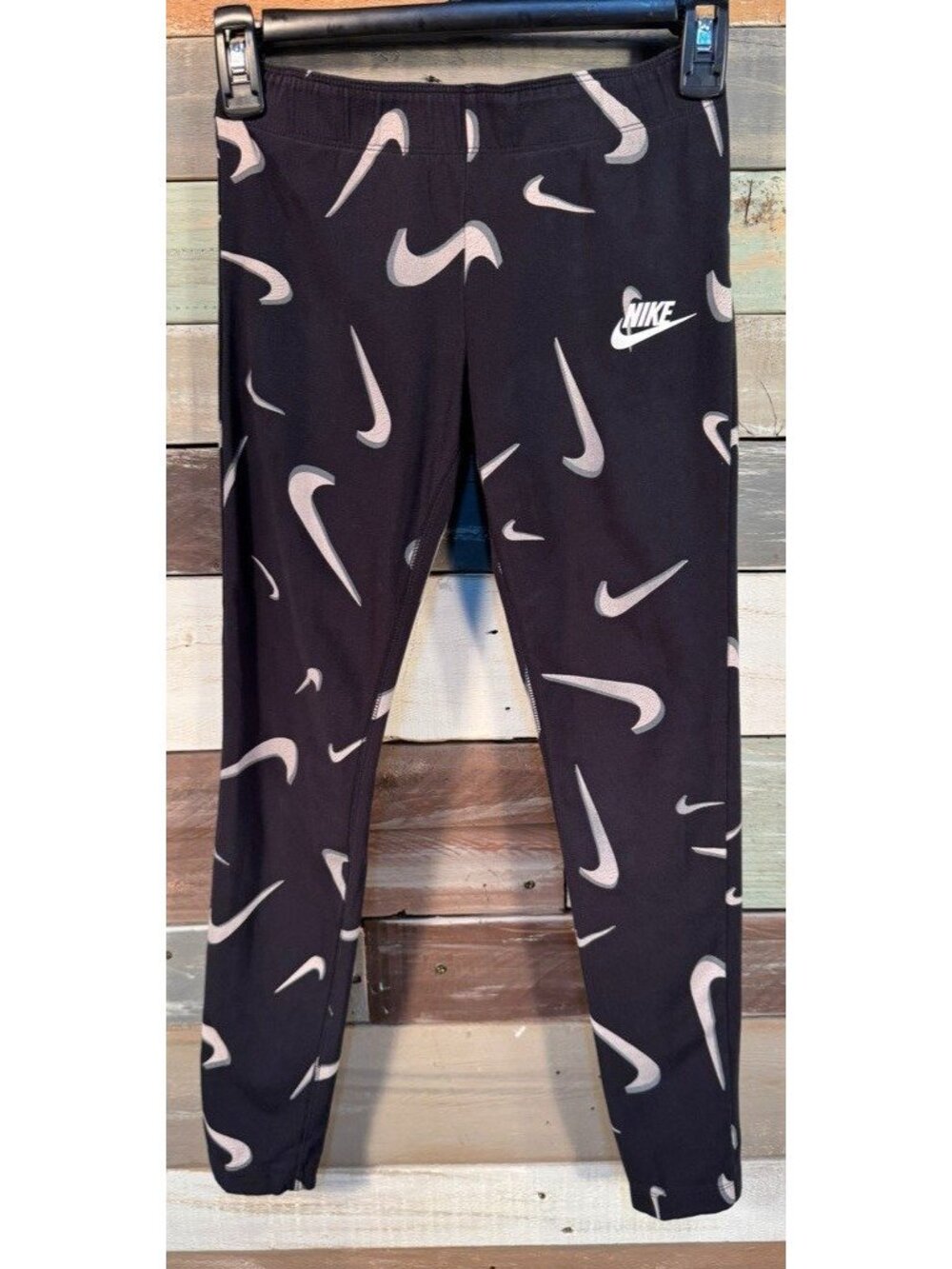 Girl's NIKE Logo Swoosh Black Capri Leggings LARGE Used